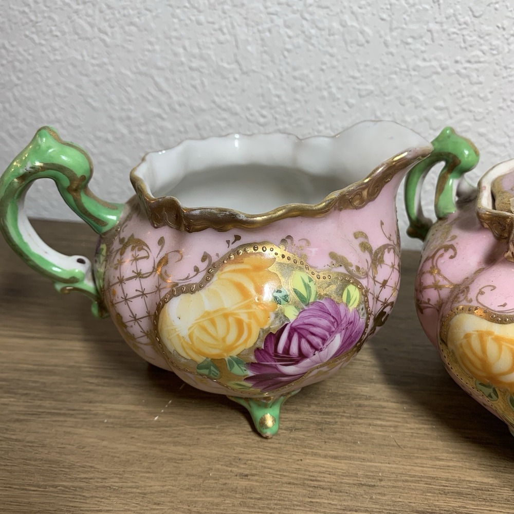 VTG Moriage Porcelain Creamer Sugar Bowl Set Roses Gold Trim Green Purple Fancy - Picture 2 of 7
